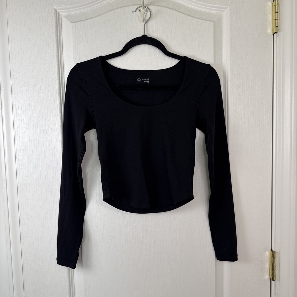 OFFLINE by Aerie Real Me Womens S Petite Black Long Sleeve Crop Top Scoop Neck